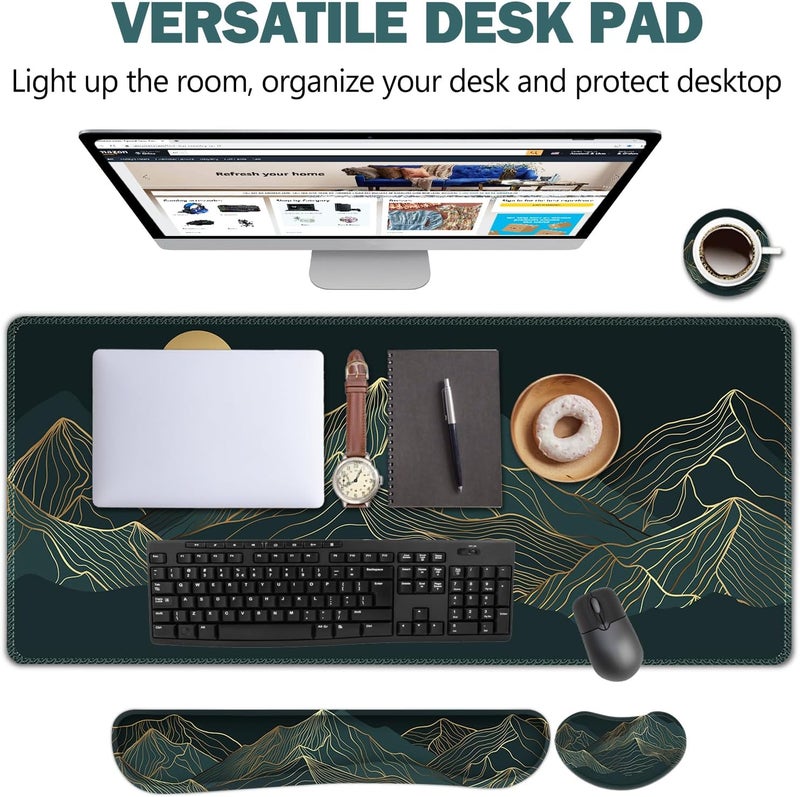 AIMSA Keyboard & Mouse Pad Set, Extended Desk Mat + Ergonomic Mouse & Keyboard Wrist Rest Support, 35x15.7in Abstract Gold Sun Mountain - Image 2